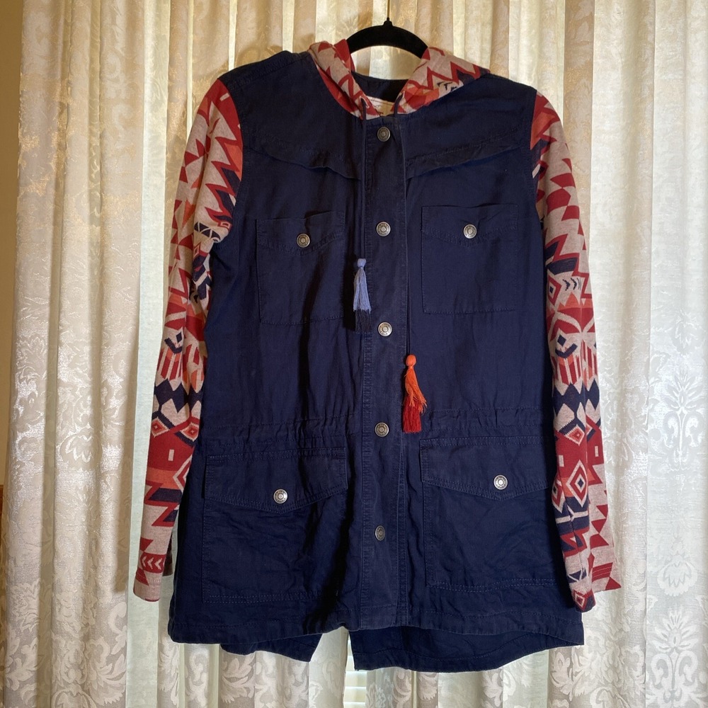 Ariat Women's Navy Santa Fe‎ Aztec Print Snap Hoodie w/ Tassels & Pockets Medium